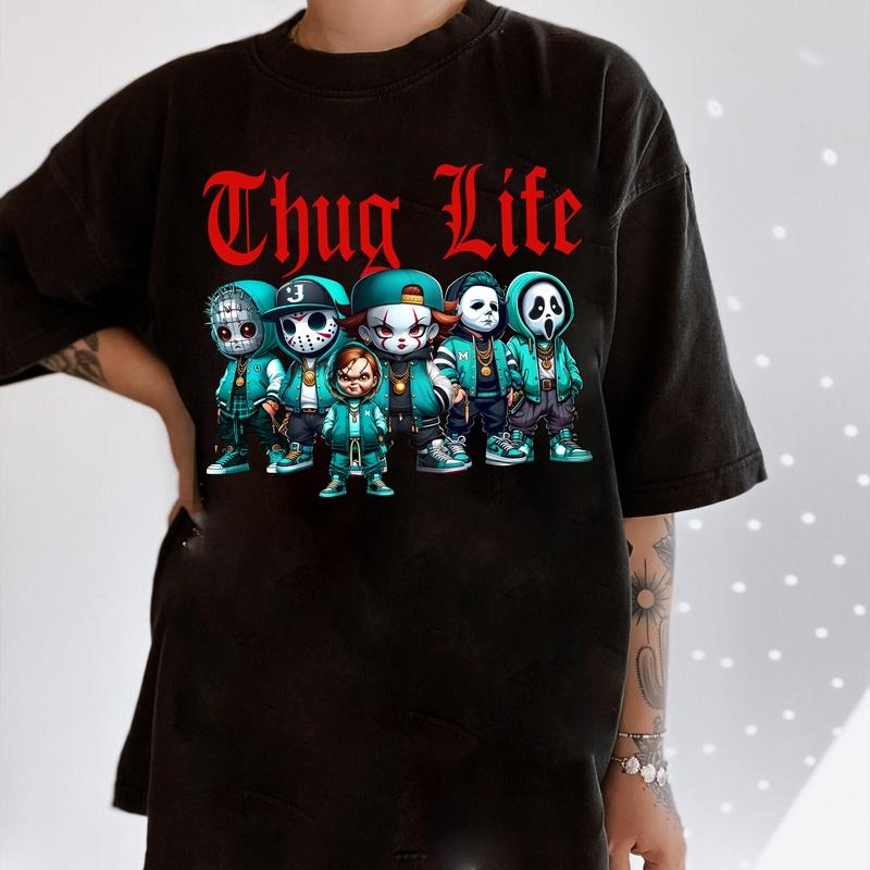 COOL Thug Life Pink Chibi Horror Movie Characters Shirt Sweatshirt, Halloween Shirts Women, Funny Halloween Tee
