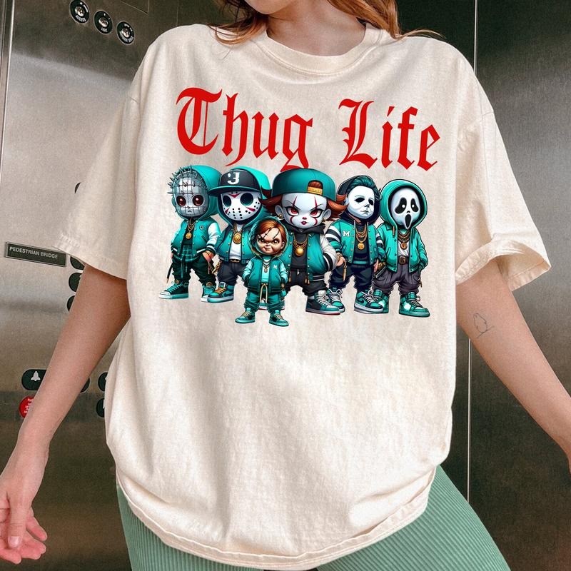 COOL Thug Life Pink Chibi Horror Movie Characters Shirt Sweatshirt, Halloween Shirts Women, Funny Halloween Tee
