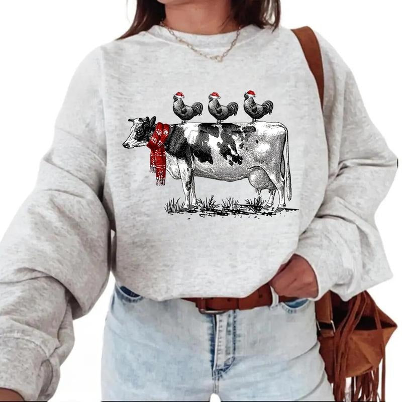 COW CHRISTMAS Chicken Sweatshirt Unisex T-shirt Hoodie xmas Funny 2024 2025 Cotton Pullover