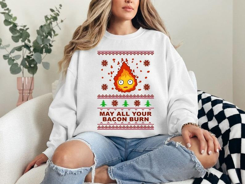 Calcifer Christmas Sweatshirt, Anime Christmas, Calcifer May All Your Bacon Burn Howl's Moving Castle T-Shirt, Sweatshirt, Hoodie