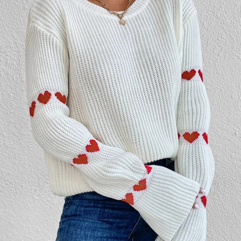 Casual Heart Print Round Neck Drop Shoulder Long Sleeve  chunky Knitted Pullover  Top