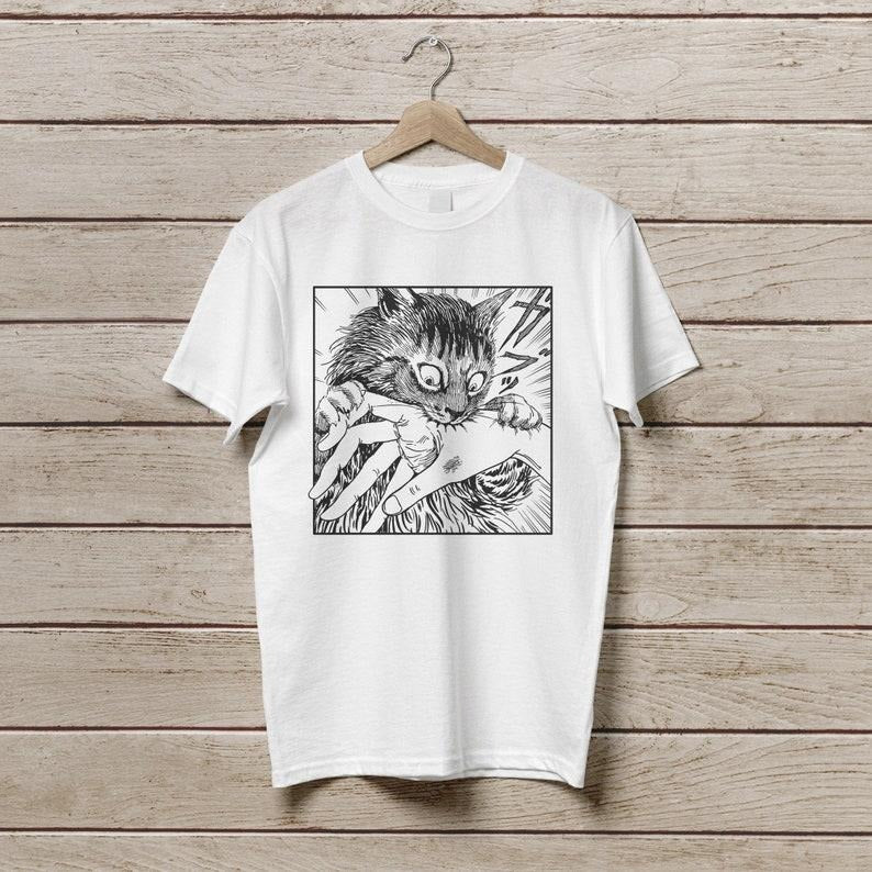 Cat Bite Tshirt, Japanese Horror Anime T-Shirt, Creepy Cat Shirt, Cats Crazy Shirts Cool Graphic Unisex T Shirts Top Streetwear Casual
