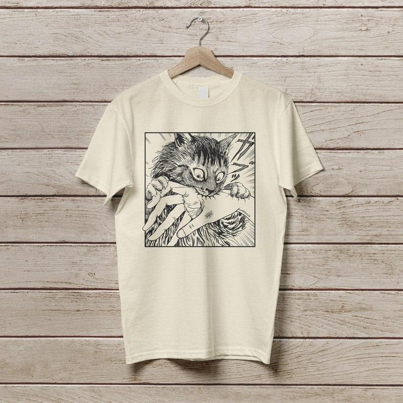 Cat Bite Tshirt, Japanese Horror Anime T-Shirt, Creepy Cat Shirt, Cats Crazy Shirts Cool Graphic Unisex T Shirts Top Streetwear Casual