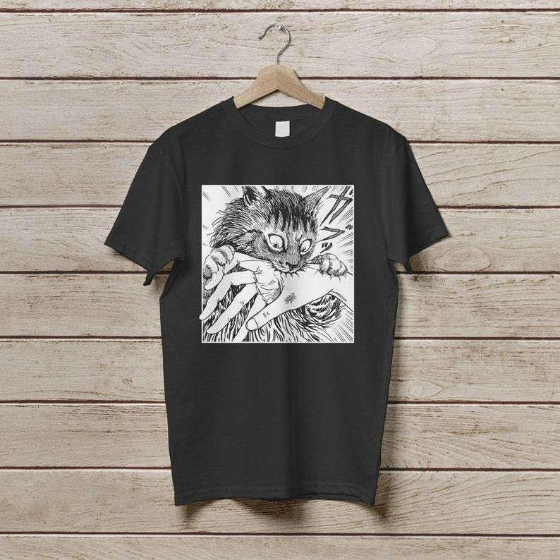Cat Bite Tshirt, Japanese Horror Anime T-Shirt, Creepy Cat Shirt, Cats Crazy Shirts Cool Graphic Unisex T Shirts Top Streetwear Casual