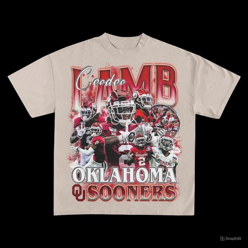 Ceedee Lamb Football Tee, Oklahoma Sooners, Vintage Heavyweight T-Shirt, Vintage 90s Graphic Tee, Sport Shirts for Men, for Women Menswear Top style 001