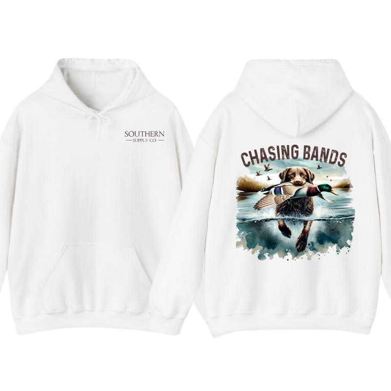 Chasing Bands Duck Hunting Hoodie - Chocolate Lab Retriever with Mallard Duck Waterfowl Graphic for Outdoor Enthusiasts, Unisex
