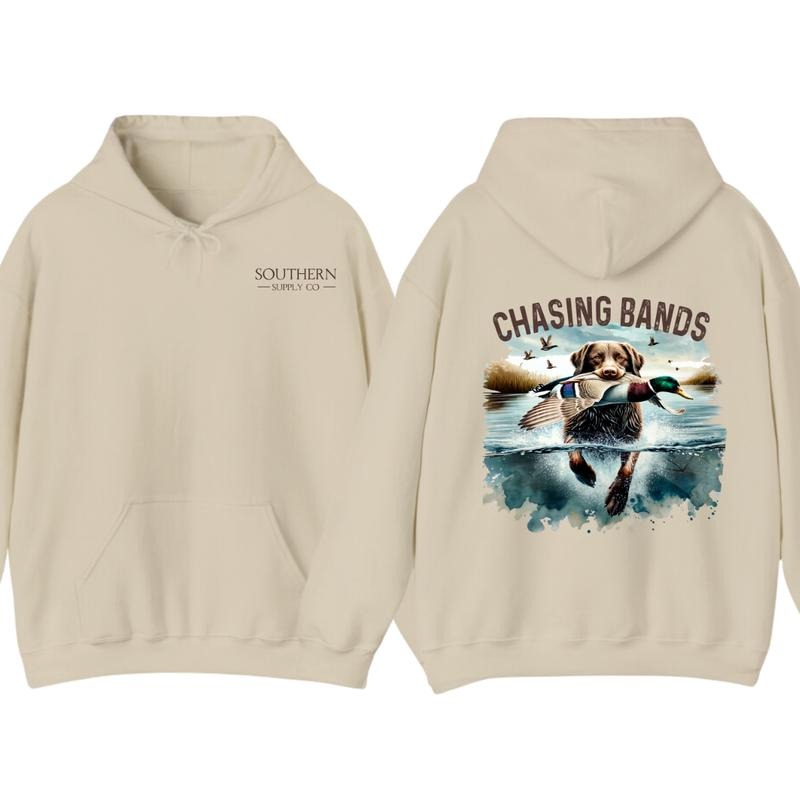 Chasing Bands Duck Hunting Hoodie - Chocolate Lab Retriever with Mallard Duck Waterfowl Graphic for Outdoor Enthusiasts, Unisex