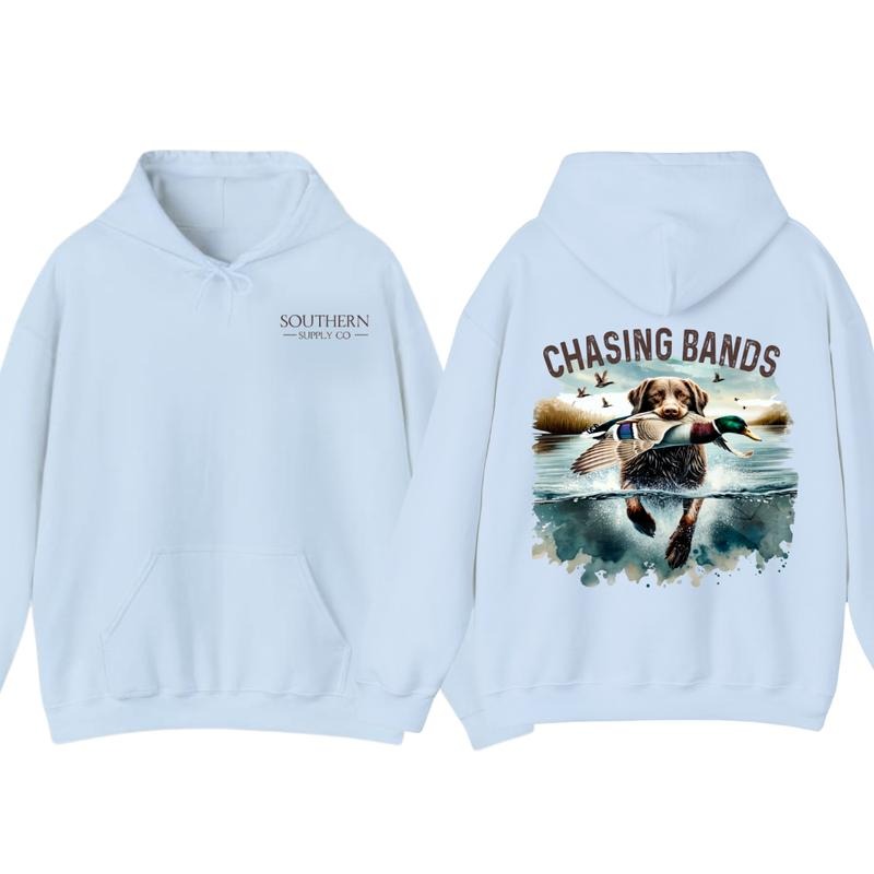 Chasing Bands Duck Hunting Hoodie - Chocolate Lab Retriever with Mallard Duck Waterfowl Graphic for Outdoor Enthusiasts, Unisex