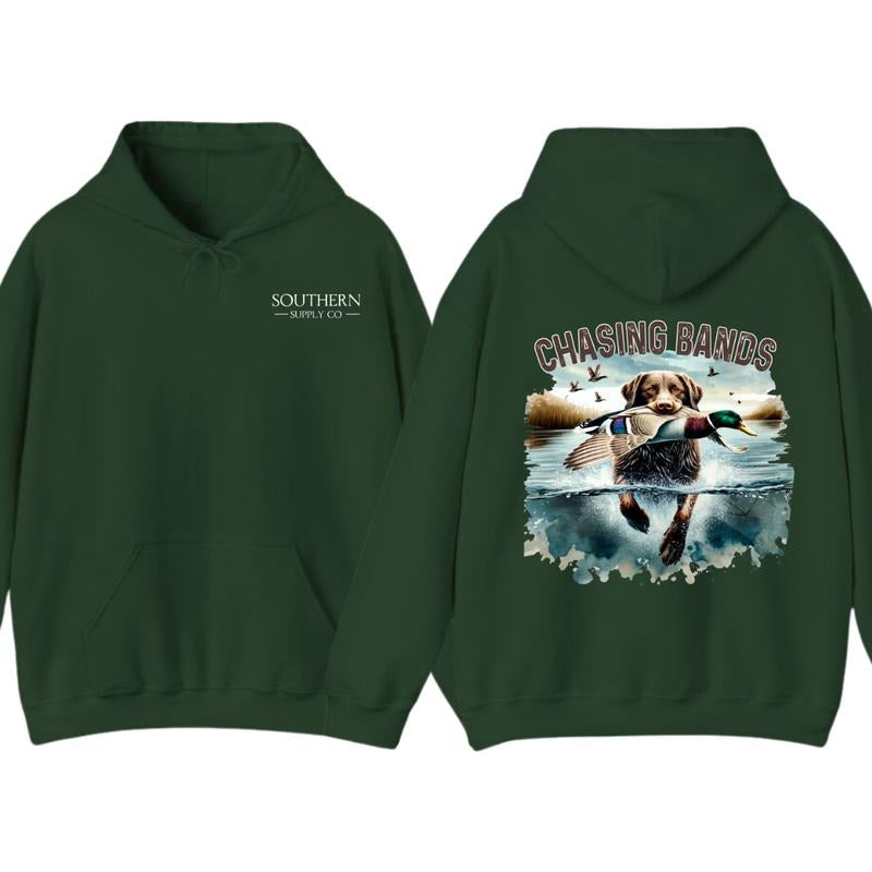 Chasing Bands Duck Hunting Hoodie - Chocolate Lab Retriever with Mallard Duck Waterfowl Graphic for Outdoor Enthusiasts, Unisex