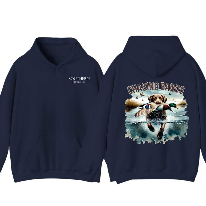 Chasing Bands Duck Hunting Hoodie - Chocolate Lab Retriever with Mallard Duck Waterfowl Graphic for Outdoor Enthusiasts, Unisex
