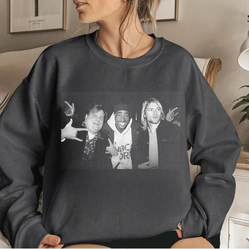 Chris Farley Tupac Shakur And Kurt Cobain Partying Unisex Men's Cotton Crew T-Shirt Vintage 90S Streetwear Hip Hop Best Seller 2Pac, Unisex Cotton Graphic Shirt, Gift For Men, Gift For Women All Size