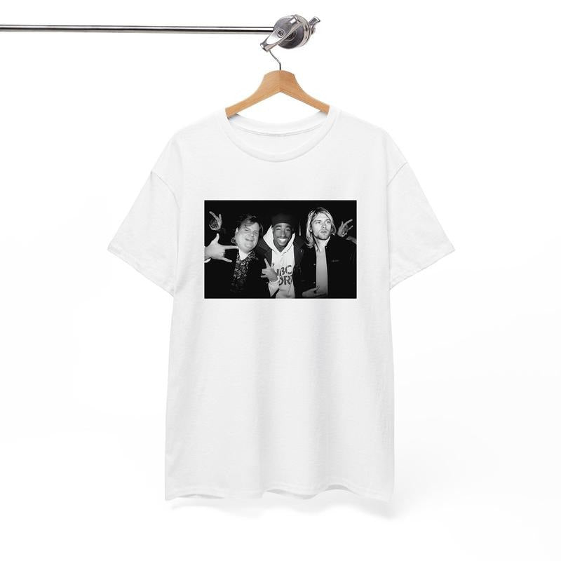 Chris Farley Tupac Shakur And Kurt Cobain Partying Unisex Men's Cotton Crew T-Shirt Vintage 90S Streetwear Hip Hop Best Seller 2Pac, Unisex Cotton Graphic Shirt, Gift For Men, Gift For Women All Size