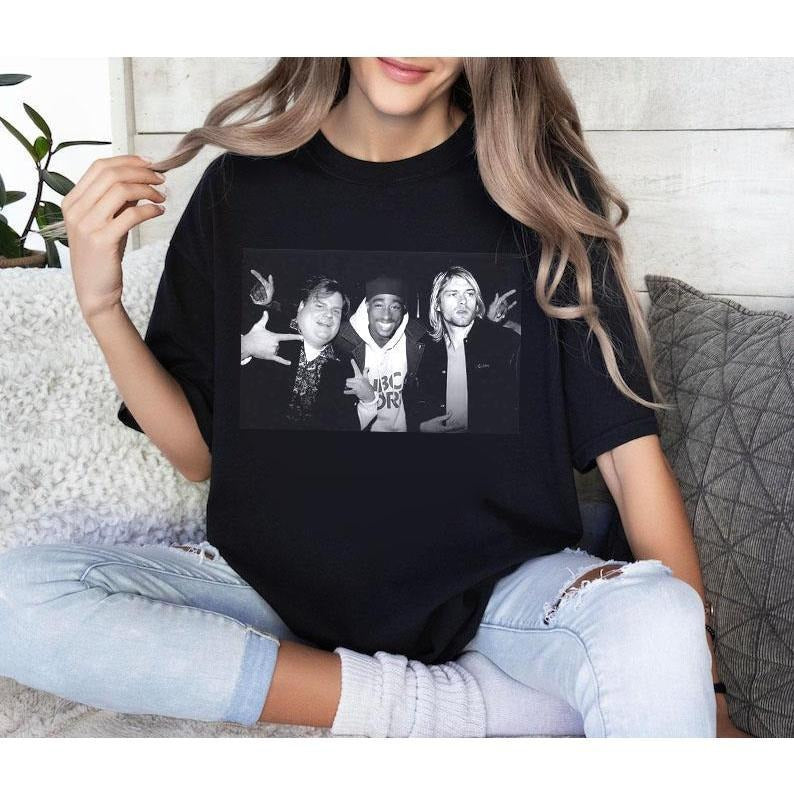 Chris Farley Tupac Shakur And Kurt Cobain Partying Unisex Men's Cotton Crew T-Shirt Vintage 90S Streetwear Hip Hop Best Seller 2Pac, Unisex Cotton Graphic Shirt, Gift For Men, Gift For Women All Size