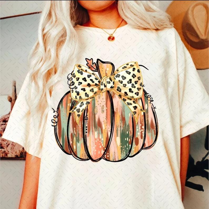 Colorful Coquette Gold Glitter Pumpkin Shirt, Girly Fall Pumpkin Design, Fall Pumpkin Coquette Bow, Dalmatian Dots Bow Fall, Brushstroke, Crewneck, Graphic Tee, Cotton