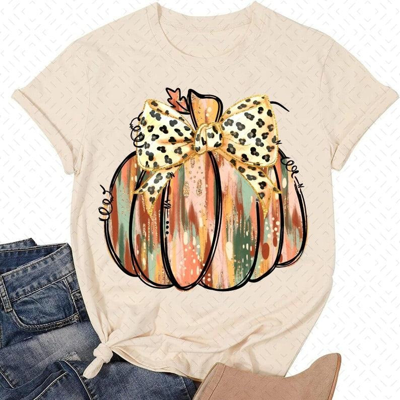 Colorful Coquette Gold Glitter Pumpkin Shirt, Girly Fall Pumpkin Design, Fall Pumpkin Coquette Bow, Dalmatian Dots Bow Fall, Brushstroke, Crewneck, Graphic Tee, Cotton
