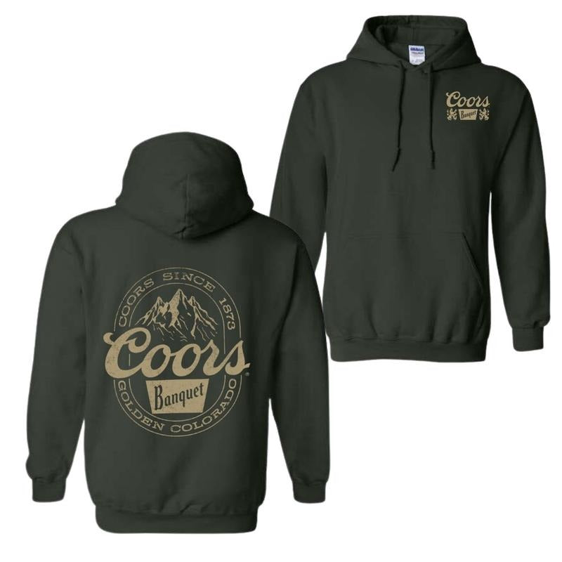 Coors Banquet Hoodie Classic and Rugged Featuring Retro Coors Logo Mountain Graphics, Perfect Beer Enthusiasts Outdoor Adventurers Fabric Menswear