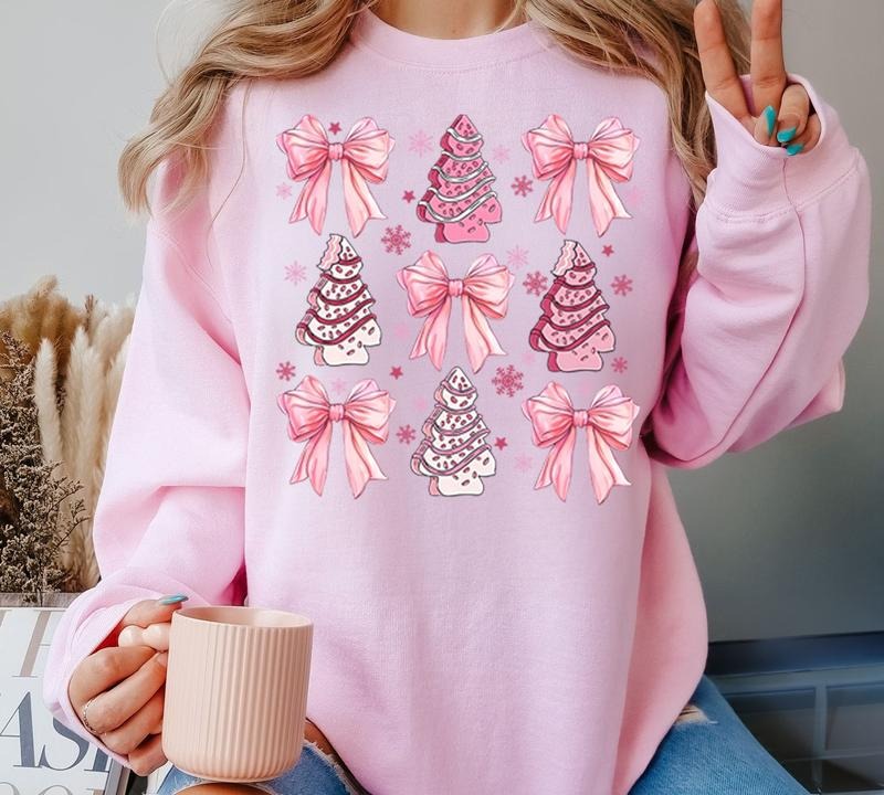 Coquette Pink Christmas Sweatshirt, Pink Christmas Tree Sweater, Pink Bow Shirt, Christmas Bow Trending, Vintage Christmas Sweatshirt, Holiday vibes S