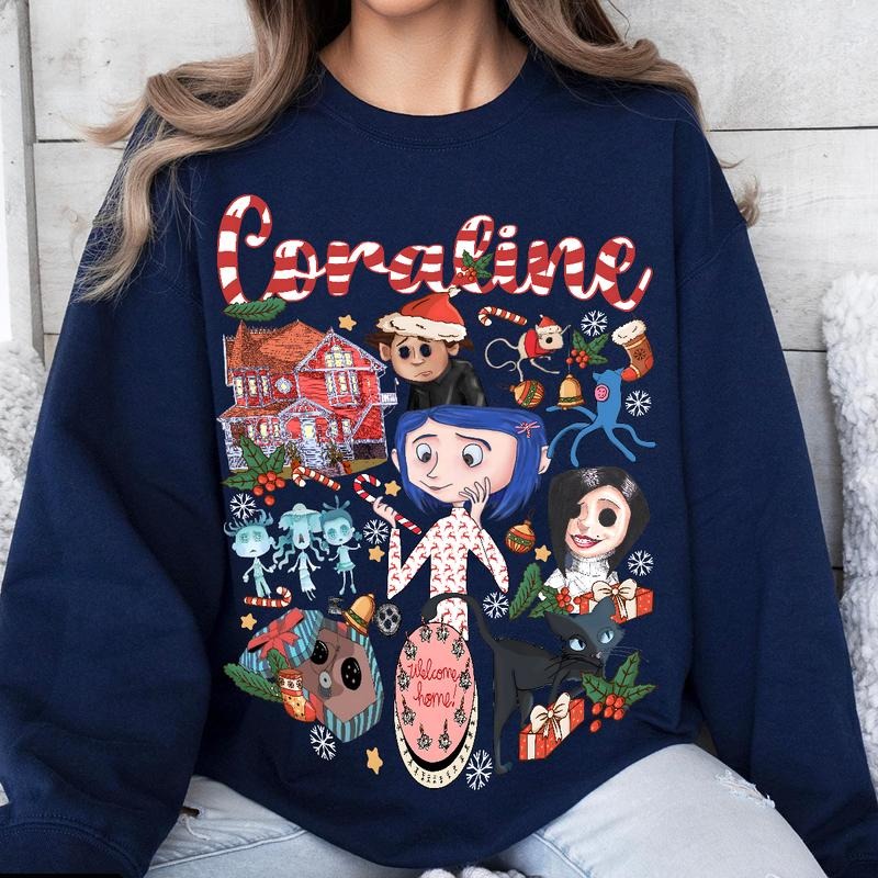 Coraline Christmas vibe T-shirt, famous horror movies tshirt, Horror Character Shirt, Halloween Crewneck Sweatshirt Sweaters