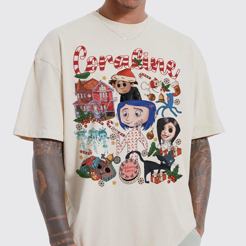 Coraline Christmas vibe T-shirt, famous horror movies tshirt, Horror Character Shirt, Halloween Crewneck Sweatshirt Sweaters