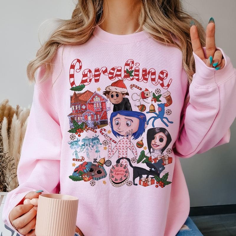 Coraline Christmas vibe T-shirt, famous horror movies tshirt, Horror Character Shirt, Halloween Crewneck Sweatshirt Sweaters