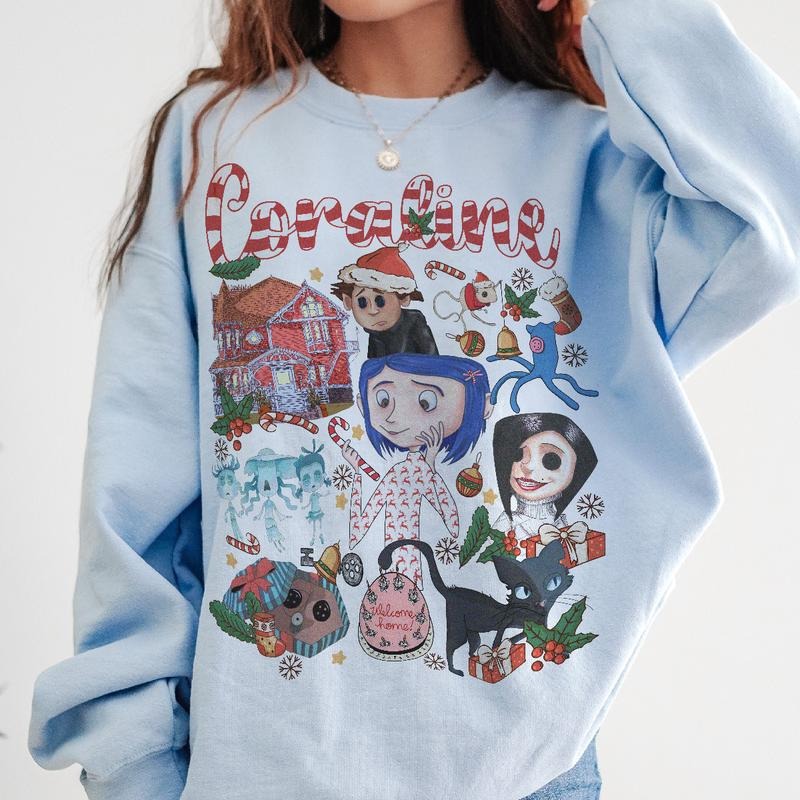 Coraline Christmas vibe T-shirt, famous horror movies tshirt, Horror Character Shirt, Halloween Crewneck Sweatshirt Sweaters