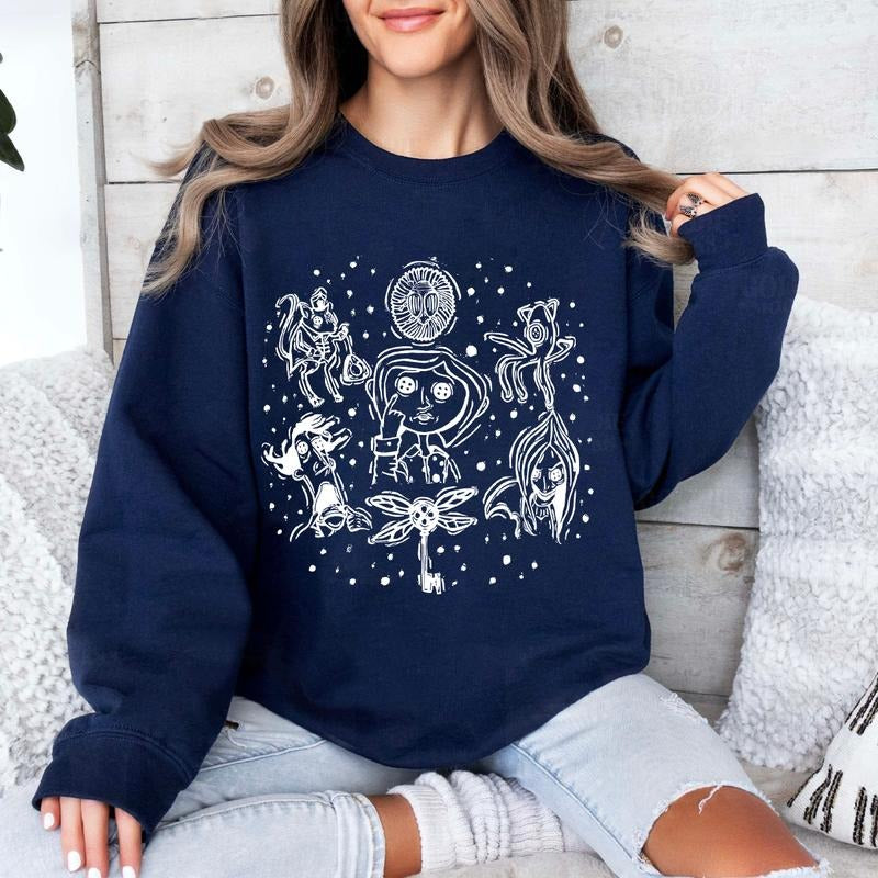 Coraline Doodle Shirt, Horror Coraline movies, Horror Character Shirt, Halloween Crewneck Sweatshirt