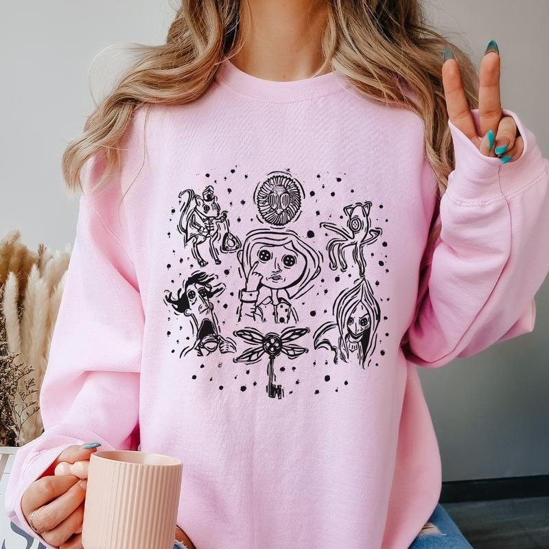 Coraline Doodle Shirt, Horror Coraline movies, Horror Character Shirt, Halloween Crewneck Sweatshirt