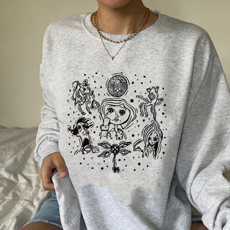 Coraline Doodle Shirt, Horror Coraline movies, Horror Character Shirt, Halloween Crewneck Sweatshirt