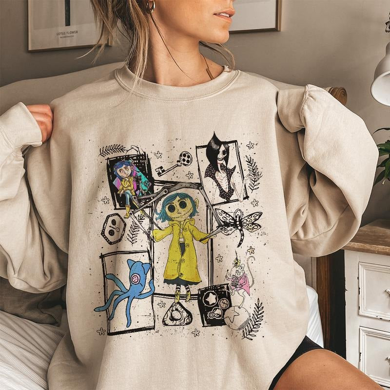 Coraline Dreaming Colorful Shirt, Horror Coraline movies, Horror Character Shirt, Halloween Crewneck Sweatshirt