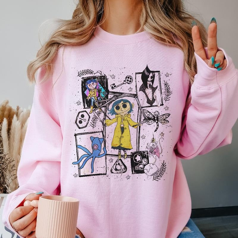 Coraline Dreaming Colorful Shirt, Horror Coraline movies, Horror Character Shirt, Halloween Crewneck Sweatshirt