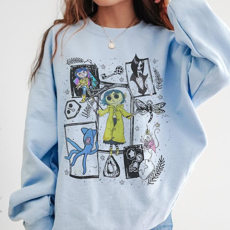 Coraline Dreaming Colorful Shirt, Horror Coraline movies, Horror Character Shirt, Halloween Crewneck Sweatshirt
