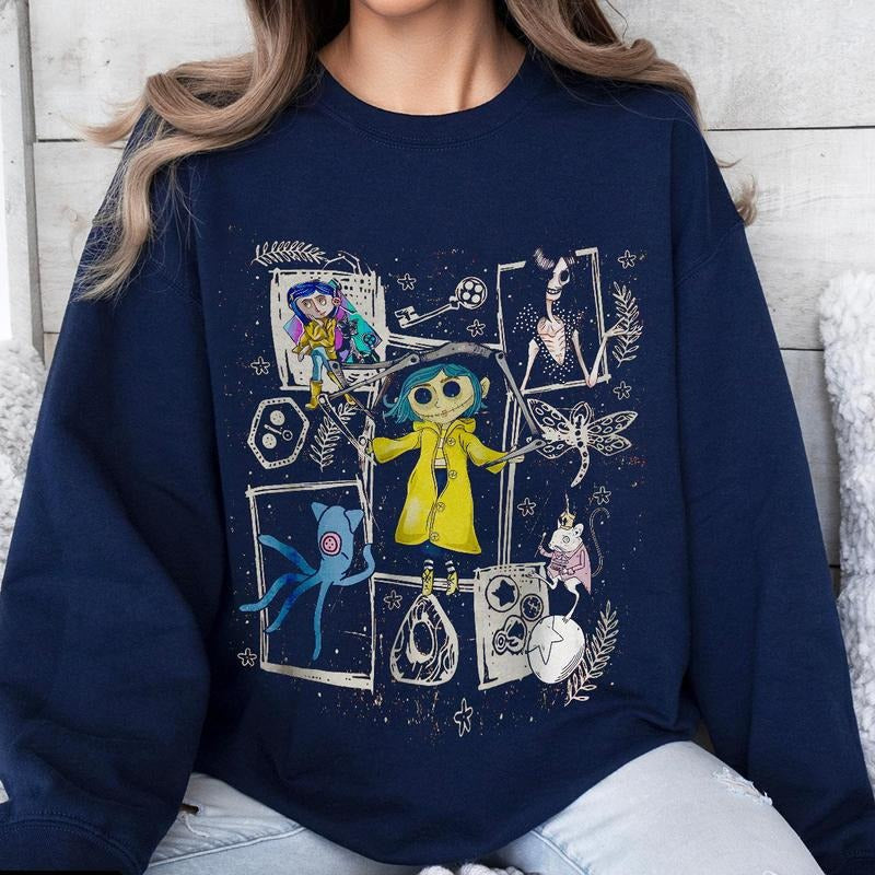 Coraline Dreaming Colorful Shirt, Horror Coraline movies, Horror Character Shirt, Halloween Crewneck Sweatshirt