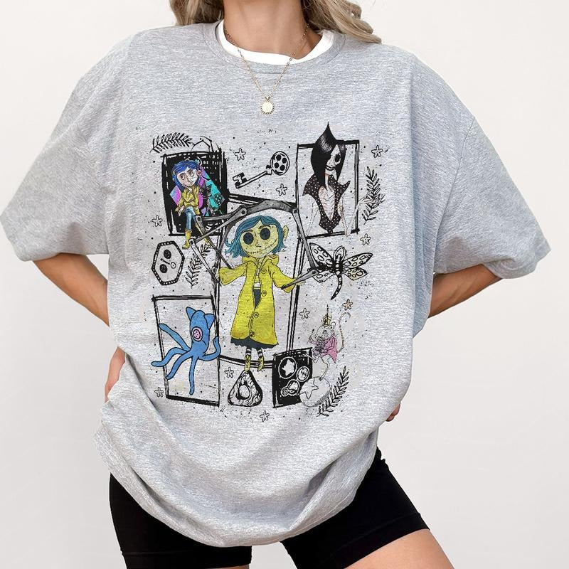 Coraline Dreaming Colorful Shirt, Horror Coraline movies, Horror Character Shirt, Halloween Crewneck Sweatshirt