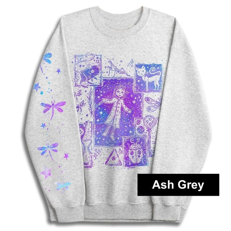 Coraline Dreaming Tunnel to Parallel World color Sweatshirt Hoodie, famous horror movies tshirt, Horror Character Shirt, Halloween Crewneck Sweatshirt