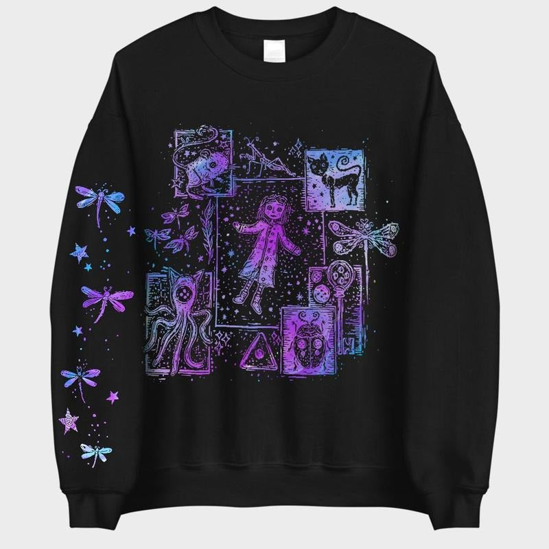 Coraline Dreaming Tunnel to Parallel World color Sweatshirt Hoodie, famous horror movies tshirt, Horror Character Shirt, Halloween Crewneck Sweatshirt