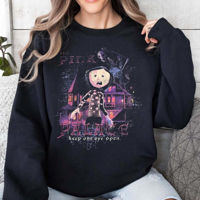 Coraline Keep One Eye Open Sweatshirt, Coraline Pink Palace Shirt, Coraline Horror Movies, Coraline Sweatshirt Hoodie, Halloween Movies, Christmas Gif