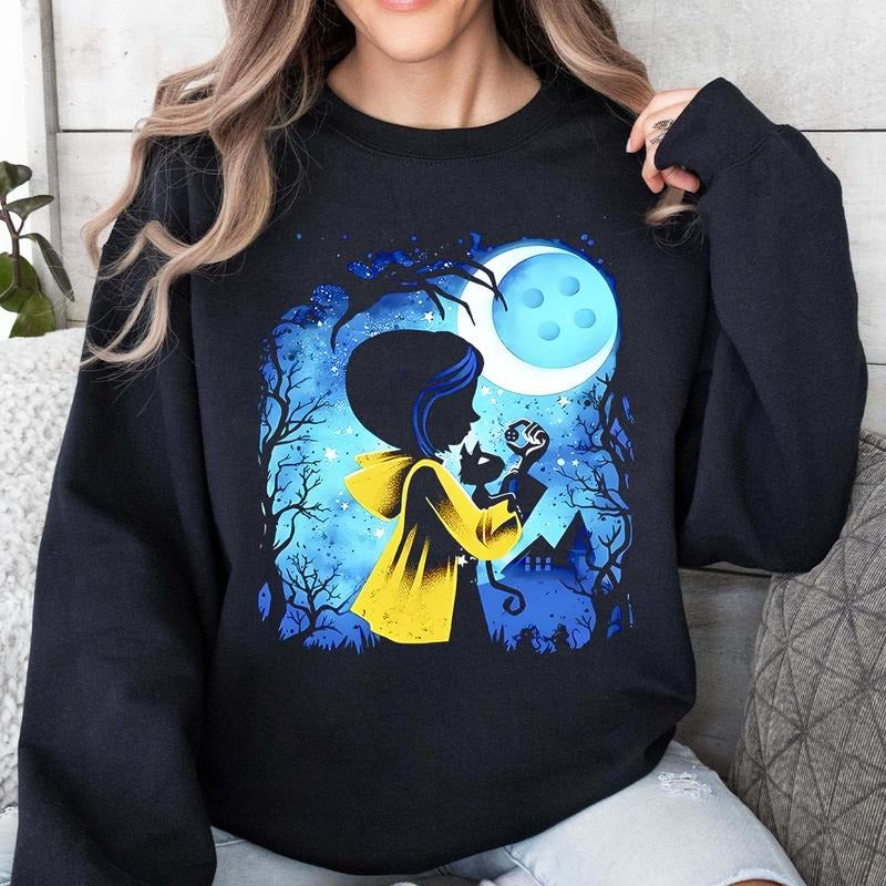 Coraline Moon Button in Night Sweatshirt, Coraline Horror Movies, Coraline Sweatshirt Hoodie, Halloween Movies, Christmas Gifts