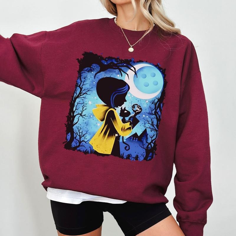 Coraline Moon Button in Night Sweatshirt, Coraline Horror Movies, Coraline Sweatshirt Hoodie, Halloween Movies, Christmas Gifts