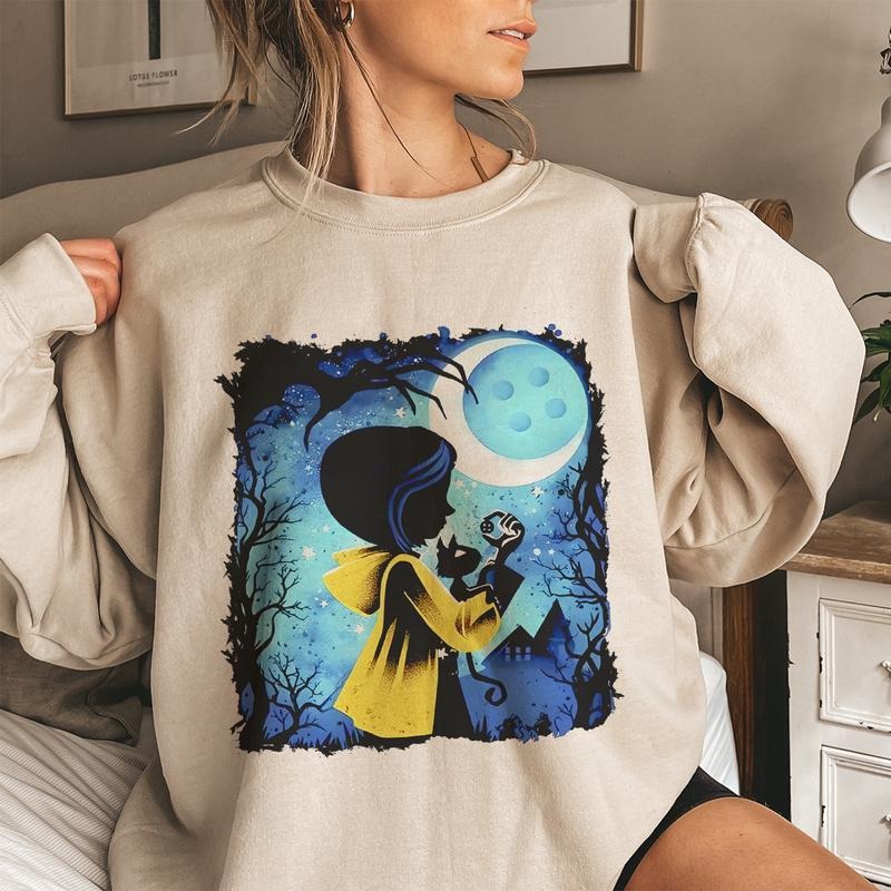 Coraline Moon Button in Night Sweatshirt, Coraline Horror Movies, Coraline Sweatshirt Hoodie, Halloween Movies, Christmas Gifts