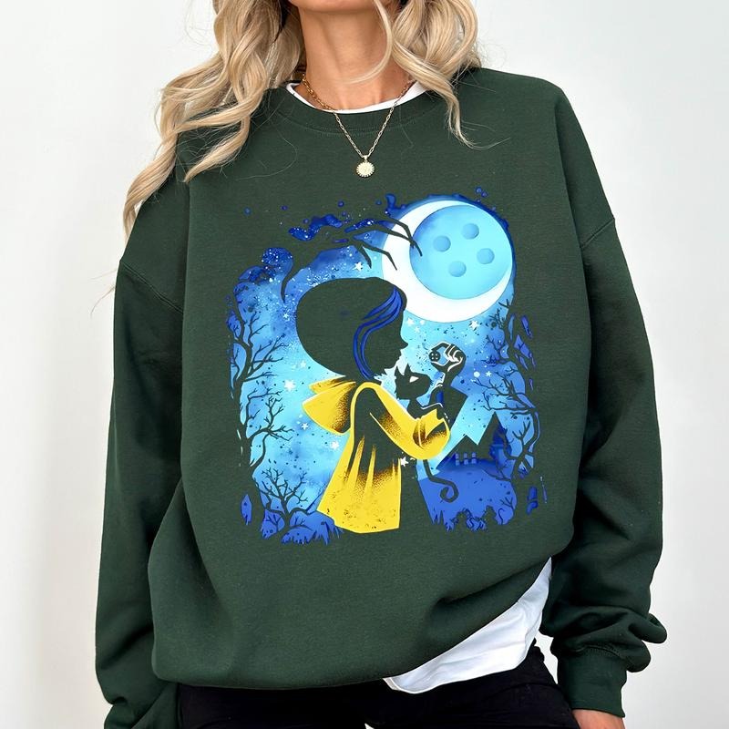 Coraline Moon Button in Night Sweatshirt, Coraline Horror Movies, Coraline Sweatshirt Hoodie, Halloween Movies, Christmas Gifts