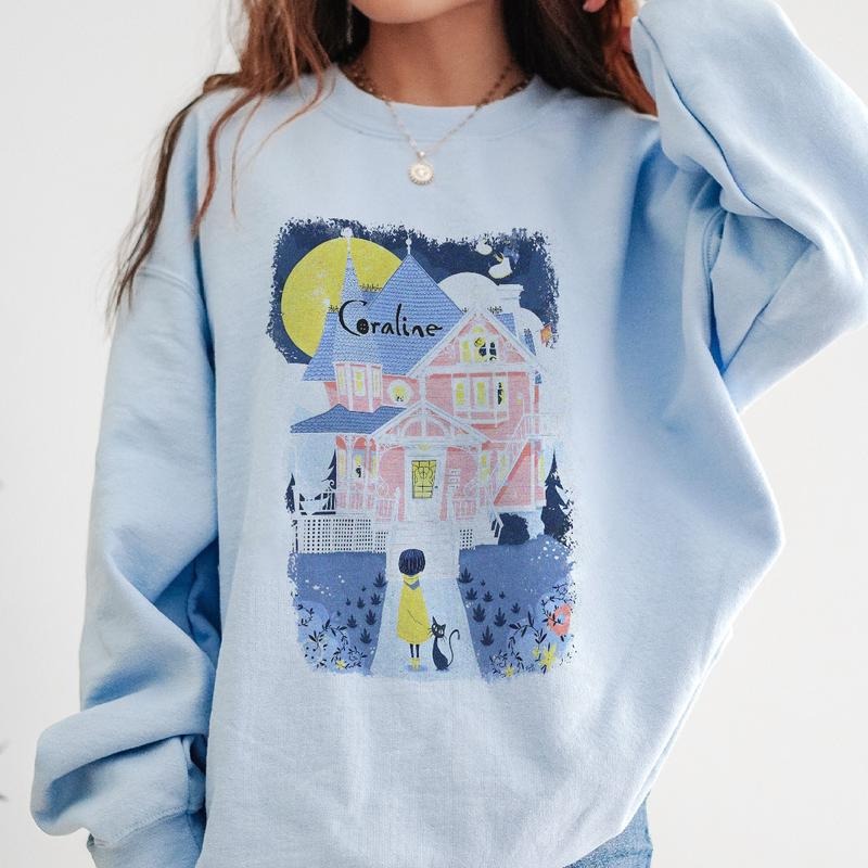 Coraline Pink Palace T-shirt, famous horror movies tshirt, Horror Character Shirt, Halloween Crewneck Sweatshirt Sweaters