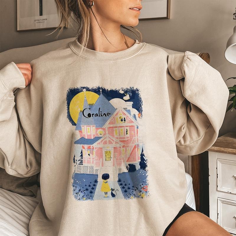 Coraline Pink Palace T-shirt, famous horror movies tshirt, Horror Character Shirt, Halloween Crewneck Sweatshirt Sweaters