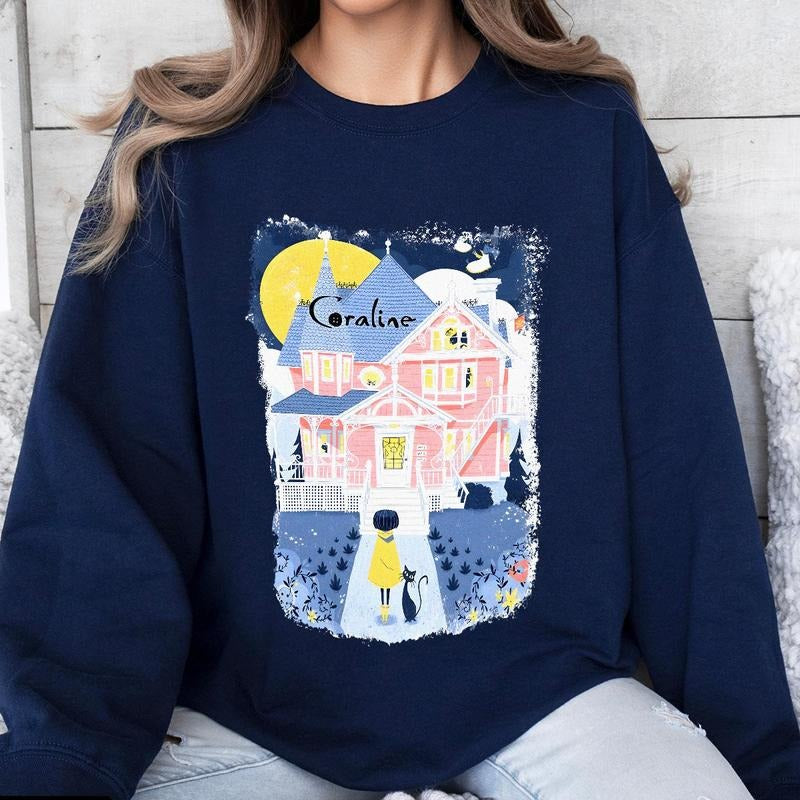 Coraline Pink Palace T-shirt, famous horror movies tshirt, Horror Character Shirt, Halloween Crewneck Sweatshirt Sweaters
