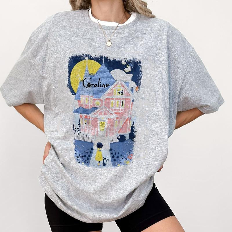 Coraline Pink Palace T-shirt, famous horror movies tshirt, Horror Character Shirt, Halloween Crewneck Sweatshirt Sweaters