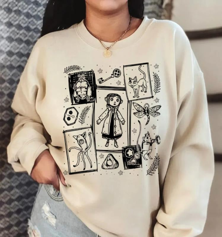 Coraline Three Ghost Finding Sweatshirt, Coraline Fantasy Movies Sweater, Horror Character Shirt, Halloween Crewneck Sweatshirt, Unisex Long Sleeve Cr