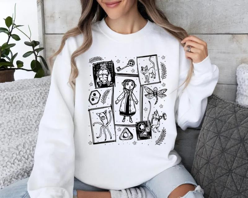 Coraline Three Ghost Finding Sweatshirt, Coraline Fantasy Movies Sweater, Horror Character Shirt, Halloween Crewneck Sweatshirt, Unisex Long Sleeve Cr
