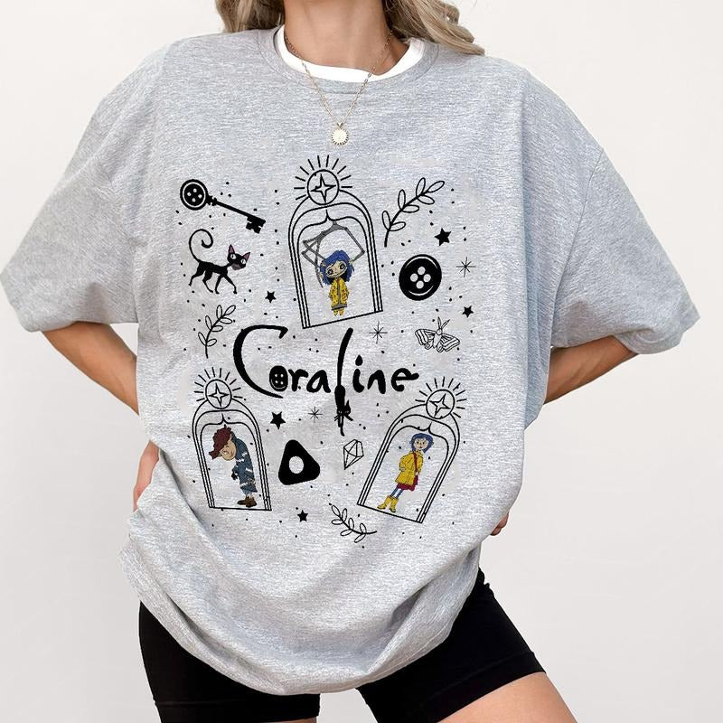Coraline Wybie Doodle Shirt, Horror Coraline movies, Horror Character Shirt, Halloween Crewneck Sweatshirt