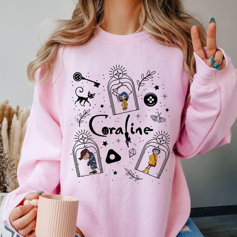 Coraline Wybie Doodle Shirt, Horror Coraline movies, Horror Character Shirt, Halloween Crewneck Sweatshirt