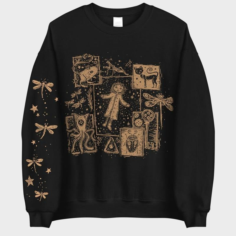 Coraline dreaming Golden style Sweatshirt Hoodie, famous horror movies tshirt, Horror Character Shirt, Halloween Crewneck Sweatshirt Sweaters