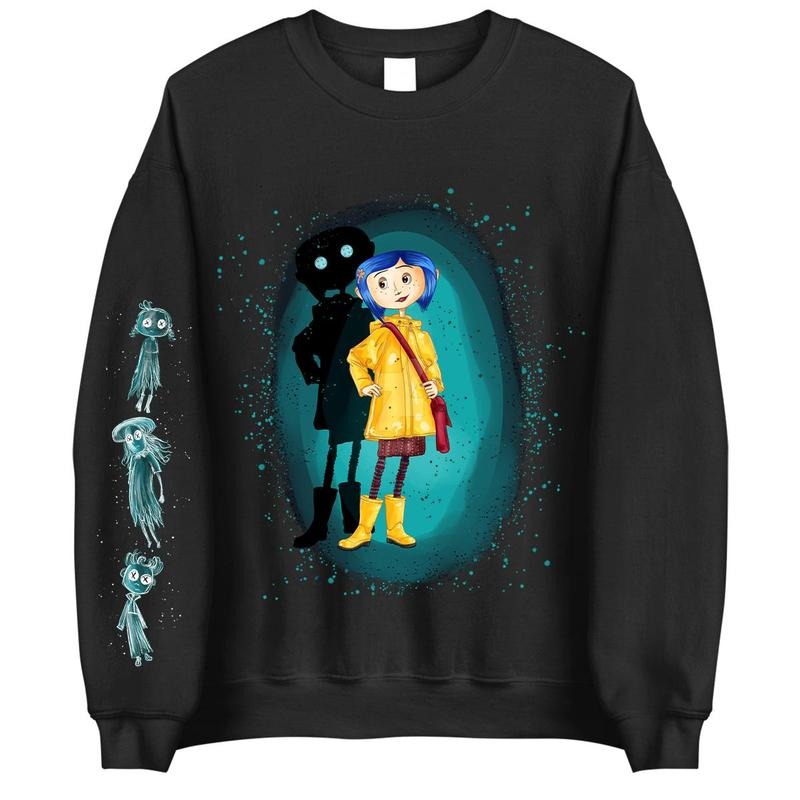 Coraline with three Ghost friends Sweatshirt Hoodie, Coraline Fantasy movies tshirt, Horror Character Shirt, Halloween Crewneck Sweatshirt